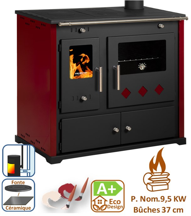 Practik Lux - Cuisinière à bois, ecodesign, classe A+, Puissance nominale 9,5 kW, Min/Max 7,5/12 kW, Rendement > 87%, LxPxH = 930x530x840, jaquette bordeaux, plaques de cuisson fonte