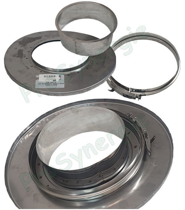 Raccord Inox 316 finition haute conduit Isolé Duoten Øint/ext 80/130 mm pour souche (type Polyten) avec collier et rosace (larg. 60mm)