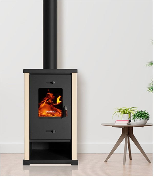 Eko Mini - Poêle à bois ecodesign, classe A+, 9 kW, rendement > 82%, KxPxH = 440x470x780, jaquette Ivoire