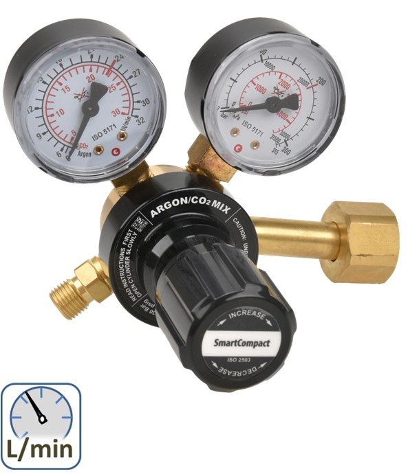 Détendeur débitlitre Frontal SmartCompact Argon CO2 - 200 bars amont - débit 5 à 24 l/min - Entrée arrière type C - Sortie G 1/4'' mâle