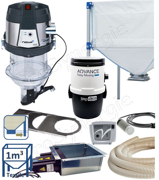 Kit automatique ''Nova Pack'' transfert de granulés à partir du bas d´un silo de stockage textile (1m³) avec une cassette à débourrage + registre, vers le remplissage d´un poêle/chaudière avec un doseur aspirateur et d'un module filrant