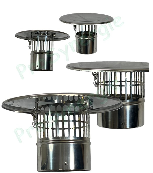 Chapeau ECOTEN pour tubage flexible avec système d´ouverture par clips, antivolatile et fonction embout de ramonage (conforme DTU24.1-2024, 3 coloris, pour tubage du Ø80 au Ø200 mm