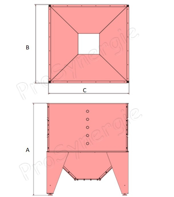 Hoppsilo 900 - Silo galva sur 4 pieds connexion cassette par le dessous - stockage granulés 660 litres (~ 460 kg) - Côté x H = 990 x 1140 mm