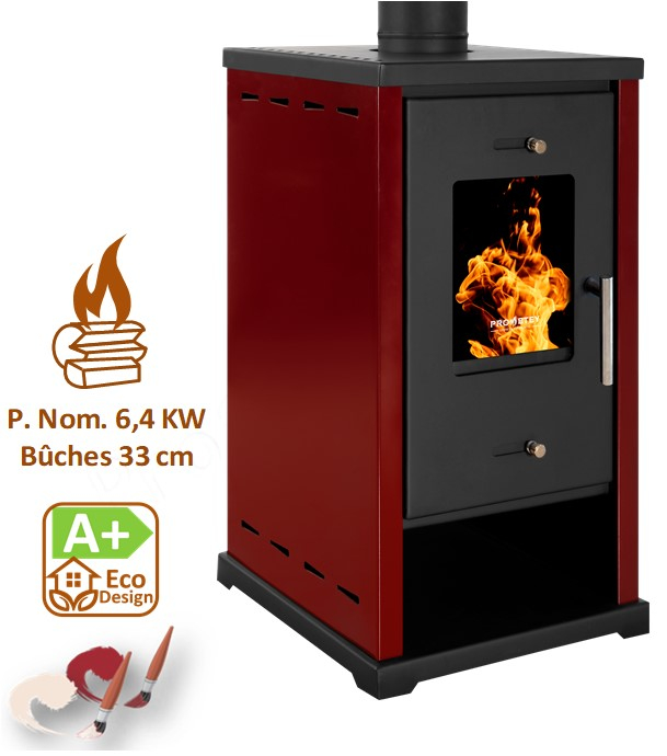 Eko Mini - Poêle à bois ecodesign, classe A+, 9 kW, rendement > 82%, KxPxH = 440x470x780, jaquette bordeaux