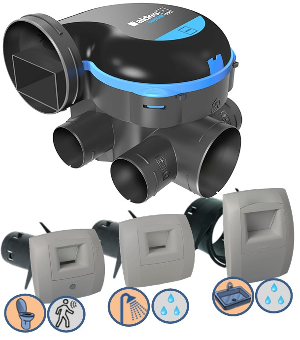 Kit VMC EasyHome Hygro Classic comprenant Moteur, Bouche cuisine élec, Salle de bain et WC