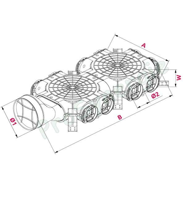 Caisson de répartition axe horizontal, Ø160, 10 bouches Ø75 pour réseaux de ventilation rond type Optiflex