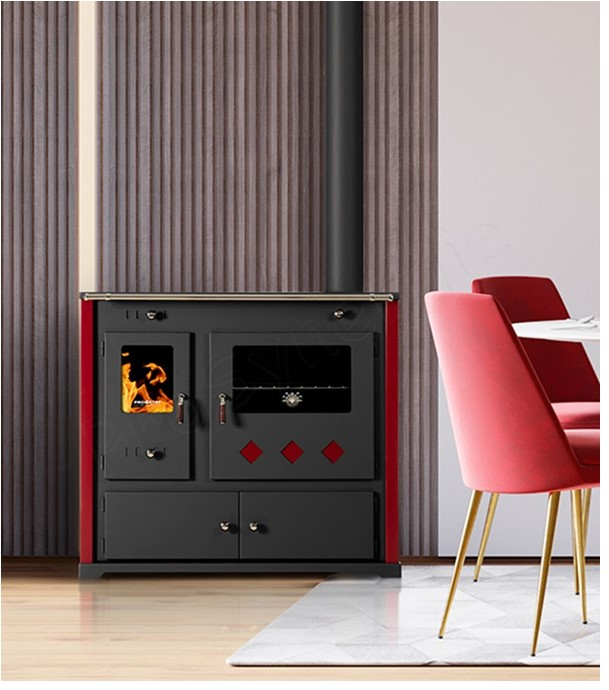 Practik Lux - Cuisinière à bois, ecodesign, classe A+, Puissance nominale 9,5 kW, Min/Max 7,5/12 kW, Rendement > 87%, LxPxH = 930x530x840, jaquette bordeaux, plaques de cuisson fonte