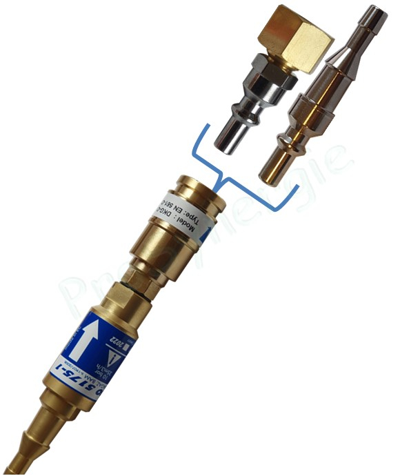 Raccord anti-retour pare flamme SafeGuard 2 + Raccord rapide Stoptac - Montage Tuyau - Gaz combustible - Entrée Tuyau 6-10 - Sortie Tuyau 6-10