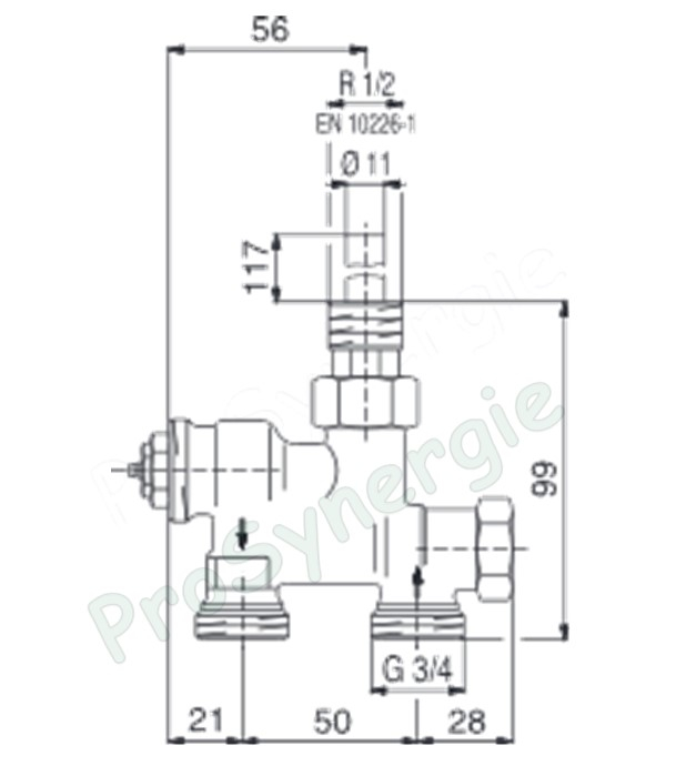 Robinet thermostatisable (monotube) à plongeur vertical avec arrêt - Ø M 1/2´´ (DN 15) - eurocône M 3/4´´