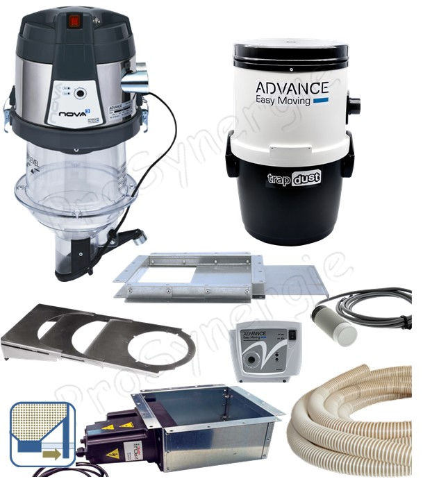 Kit automatique ''Nova Pack'' transfert de granulés à partir du bas d´un silo de stockage avec une cassette à débourrage vers le remplissage d´un poêle/chaudière avec un doseur aspirateur, d'un module filrant et contrôleur