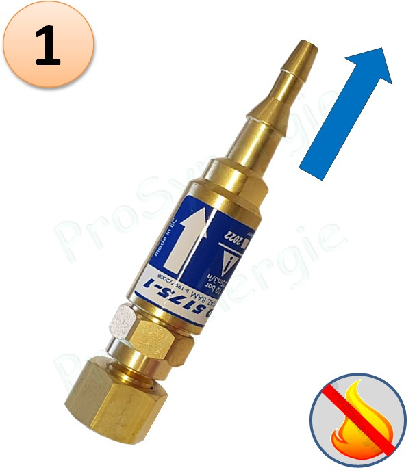 Raccord anti-retour pare flamme SafeGuard 2 - Montage Détendeur - Oxygène - Entrée M16x1,5 (droite) - Sortie Tuyau 6-10