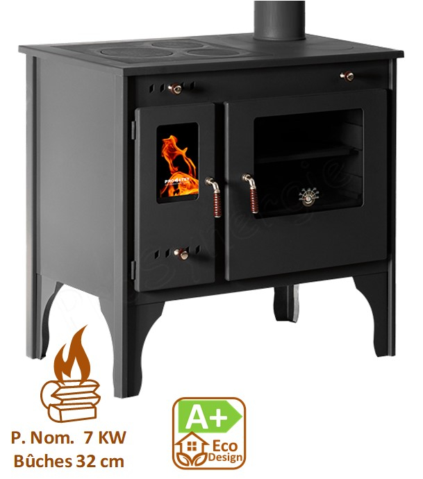Retro Eko - Cuisinière à bois, ecodesign, classe A+, puissance nominale 7 kW, Min/Max 5,5/9,5 kW, Rendement > 83,63%, LxPxH = 810x460x770, plaque de cuisson acier, Ø conduit de fumées 130 mm
