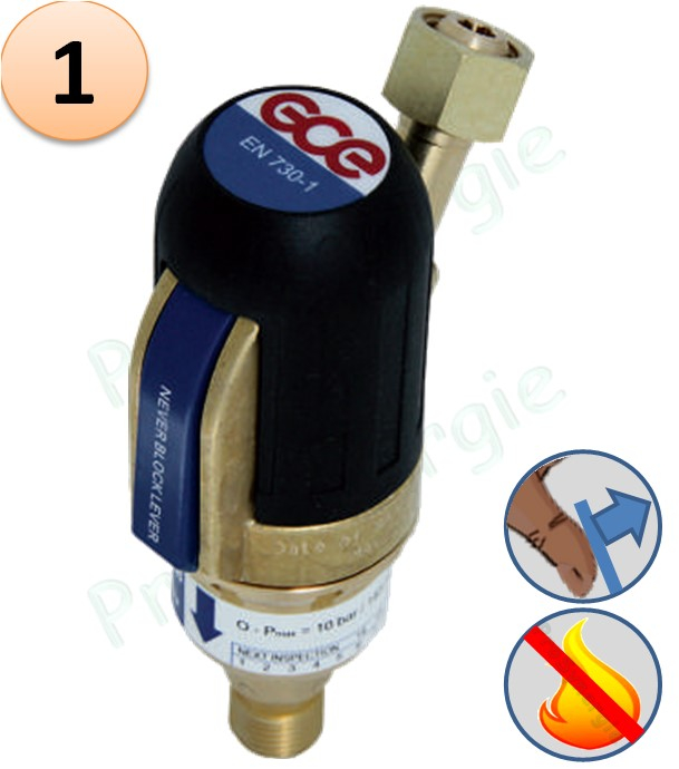 Raccord anti-retour pare flamme SafeGuard 5 - Montage Détendeur - Oxygène - Entrée M16×1,5 Femelle (droite) - Sortie M16×1,5 Mâle (droite)