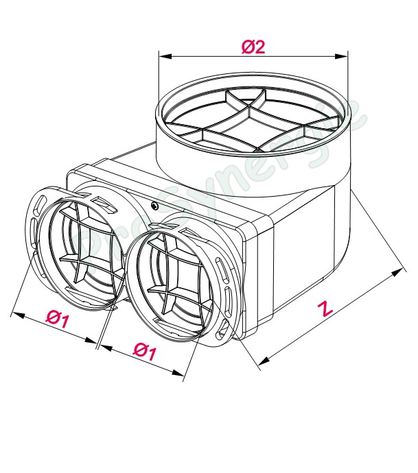 Manchette coudée de répartition, Ø125, 2 bouches Ø75 pour réseaux de ventilation rond type Optiflex, sans fixation