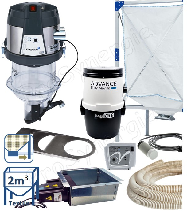 Kit automatique ''Nova Pack'' transfert de granulés à partir du bas d´un silo de stockage textile (1.9m³) avec une cassette à débourrage + registre, vers le remplissage d´un poêle/chaudière avec un doseur aspirateur et d'un module filrant
