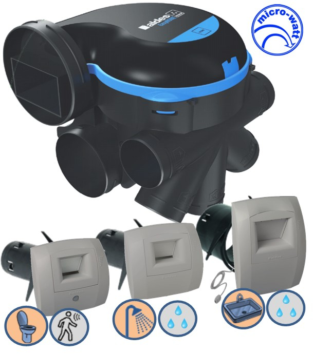 Kit VMC EasyHome Hygro Premium MicroWatt comprenant Moteur, Bouche cuisine cordelette, Salle de bain et WC + accessoires racc.