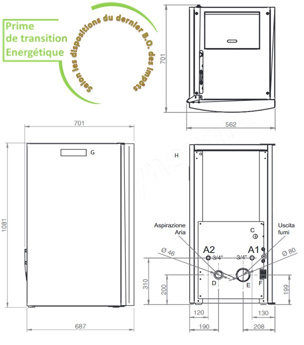 PUNTO it CT 15 2S - Chaudière-poêle 13.8 Kw réservoir granulé 70 litres - sonde de gestion optionnelle de l´ECS raccordement cheminée Ø 80mm - HxLxP=1081x701x562mm