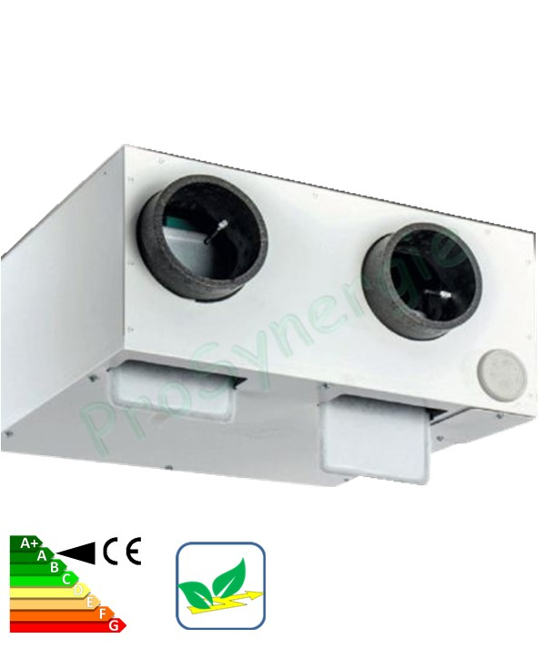 Phantom Mini - VMC Double-flux basse consommation 125 m3/h, en faux-plafond, 4 piquages Ø125 mm, programmable, alimentation 230 V,64 W max., trois vitesses de fonctionnement