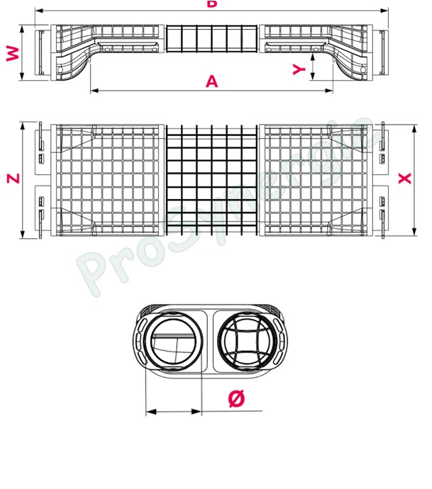 Boitier de croisement 50 mm épaisseur sur 43 cm pour réseaux de ventilation rond type Optiflex - 2 raccords Ø75 à chaque extrémité