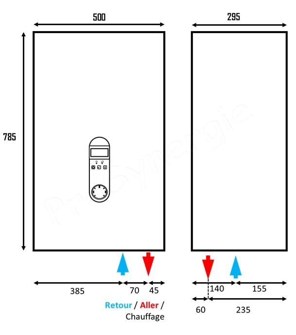 Chaudière électrique (radiateur/plancher chauffant) 60KW 400V (HxLxP= 780x500x295mm) équipé (pompe, soupape, vannerie, sécurité) raccords Ø1´´ + régulateur électronique climatique