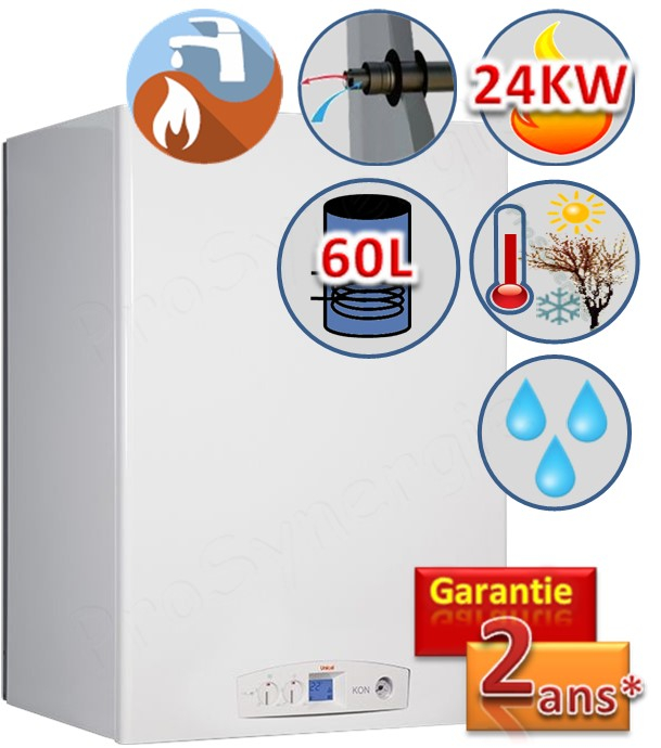 Unik B - Chaudière murale Gaz Naturel 5 à 30Kw Condensation Mixte (chauffage + ECS Ballon 60 litres) raccordement ventouse Øint/ext 60/100mm