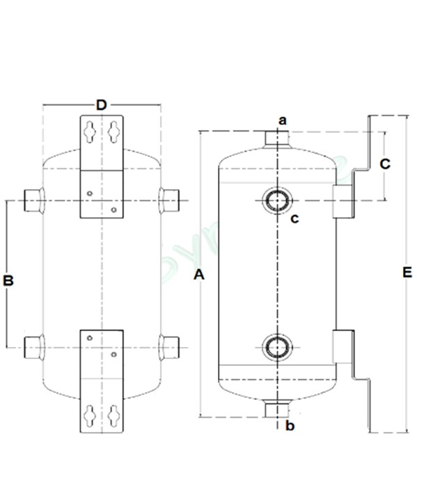 Bouteille murale acier jaquette skaï (chauffage et climatisation) 25 litres Isolation polyuréthane injectée ép.35mm classe ERP B - 4 piquages latéraux Ø1´´1/4 (hors mesure emplacement résistance) - ØxH=290x790mm