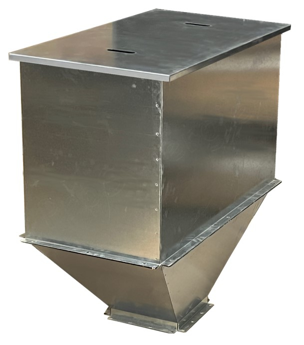 Avaloir, réhausse et couvercle (trémie pellet) section 1060x560mm hauteur 1010mm (contenance 428 litres) acier galvanisé pour cassette de transfert (vis ou pneumatique) de section 262x262mm