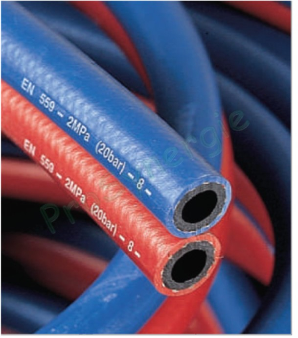 Tuyau soudage jumelé pour chalumeau Oxygène + Acétylène Ø int./ext. 6,3/13,3mm - (bobine de 1 mètre)