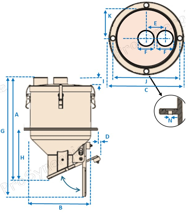 Dispenser - Doseur automatique à clapet (livraison gravitaire) transfert pneumatique de granulés dimensions ØxH = 281x381 mm 5,2 litres raccordement Ø 50 mm