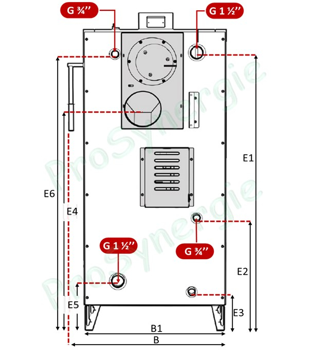Chaudière bois (bûches 50 cm) à gazéification (combustion inversée) classe 5 LCG 20 à 50 kW, (haut rendement 93 %) Contrôleur de combustion + extracteur de fumée