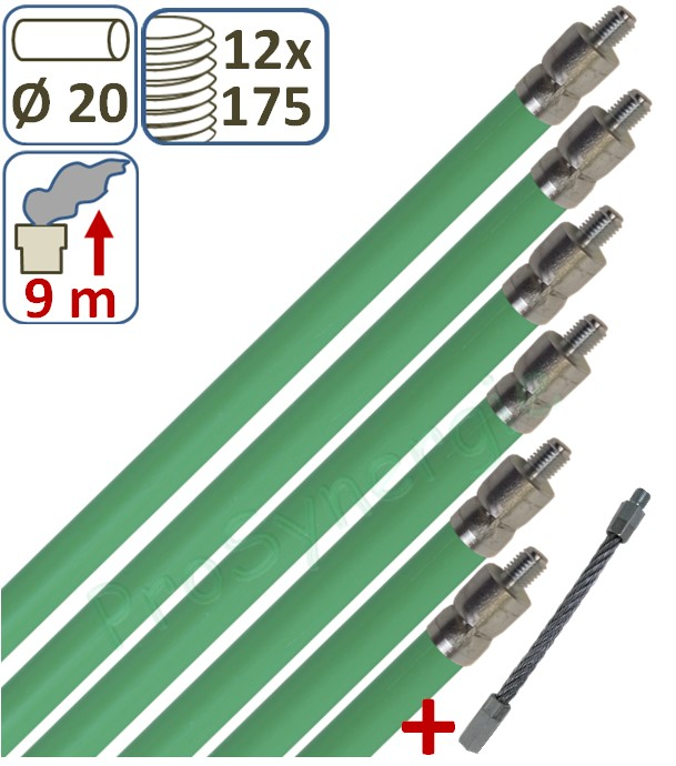 Kit Vert (contient 6 Cannes de ramonage verte ou noire Ø 20 de longueur 1,5m + câble de départ)
