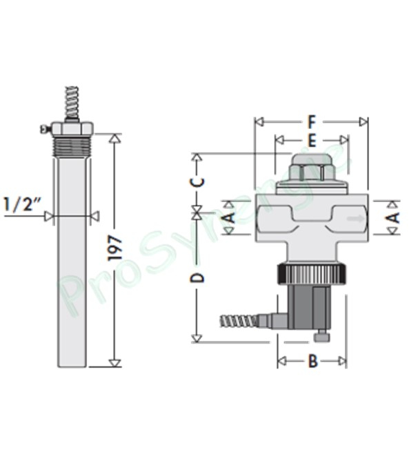 Soupape de sécurité thermique pour échangeur de sécurité (type 543) raccord ØF 3/4´´ - ouverture à 95°C (maxi 110°C / 10 bars / 100KW) + Sonde ØM 1/2´´ long. 197mm  capillaire long. 1.3m