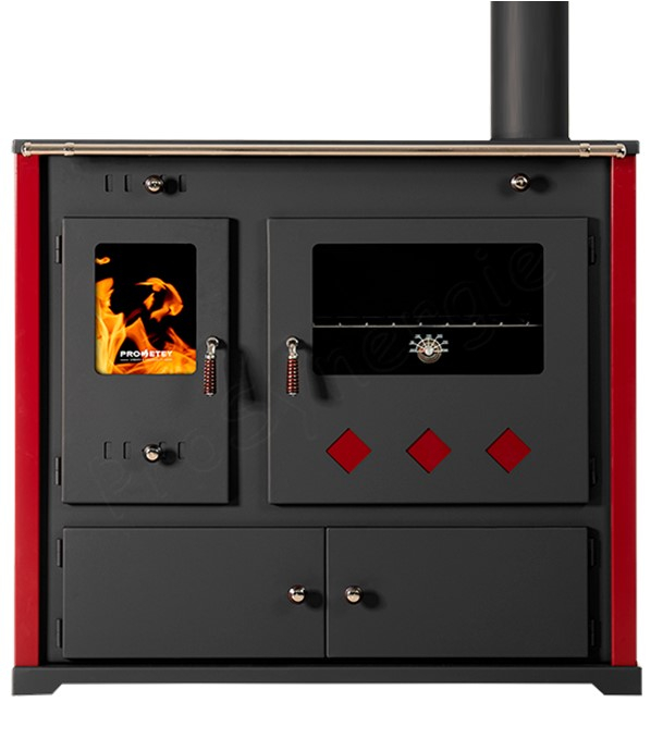 Practik Lux - Cuisinière à bois, ecodesign, classe A+, Puissance nominale 9,5 kW, Min/Max 7,5/12 kW, Rendement > 87%, LxPxH = 930x530x840, jaquette bordeaux, plaques de cuisson fonte