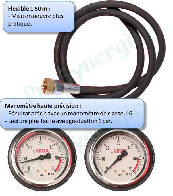 Pompe d´épreuve électrique Virax 40 bars (6 litres/min) auto aspirante à 1m + 2 tuyaux flexibles (1,2m haute pression et 1.3m aspiration)