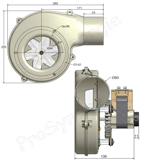 Extracteur ventilateur Aaco ST V25 230Vac 51W avec volute raccord. Ø80mm joint et câble de capteur