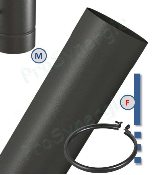 Tuyau de poêle coulissant (dans autre tuyau rétreint +bague blocage) acier 1mm émaillé noir mat Ø 150mm longueur 50cm (de 6 à 36cm utile)
