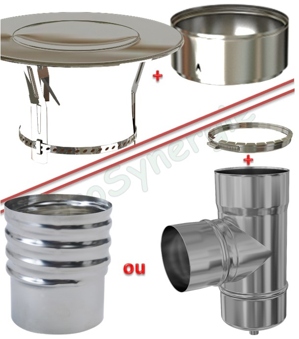 Kit accessoires pour le raccordement plafond ou mur d´un Tubage Flexible (chapeau plat, plaque d´étanchéité, collier, embout de finition et raccord)