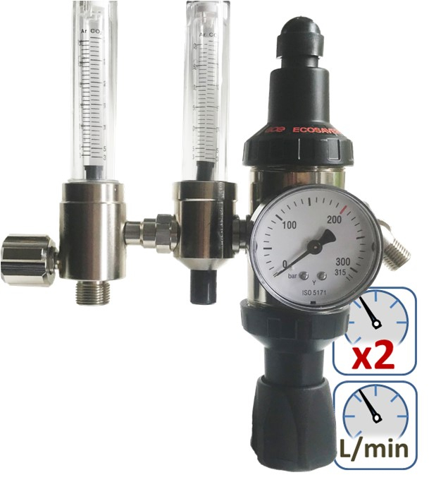 Détendeur de gaz débitlitre 2 sorties Ecosaver+ Amont 200 bars - 30L/min - Raccord entrée W21.8 G1/4 et 2 sorties G 1/4