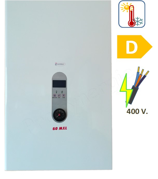 Chaudière électrique (radiateur/plancher chauffant) 37KW 400V (HxLxP= 780x500x295mm) équipé (pompe, soupape, vannerie, sécurité) raccords Ø1´´ + régulateur électronique climatique