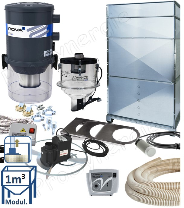 Kit automatique transfert de granulés à partir d´un stockage fond plat (1m³) avec une taupe (suspendu au plafond), vers le remplissage d´un poêle/chaudière avec un doseur