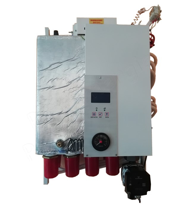 Chaudière électrique (radiateur/plancher chauffant) 60KW 400V (HxLxP= 780x500x295mm) équipé (pompe, soupape, vannerie, sécurité) raccords Ø1´´ + régulateur électronique climatique