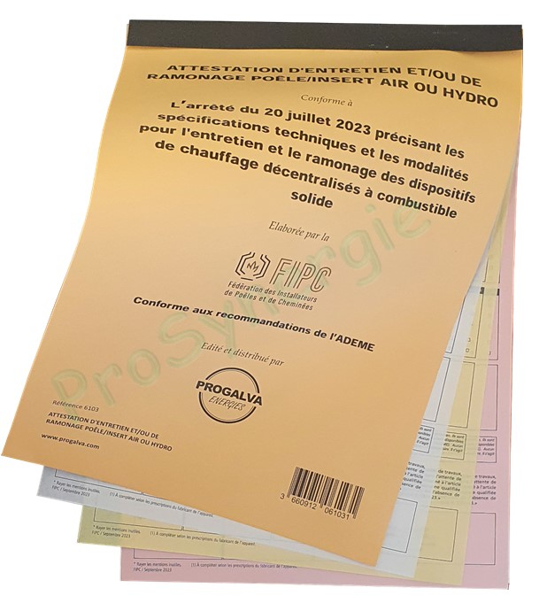 Carnet d'attestation d'entretien et/ou de ramonage poêle, chaudière ou insert air hydro bois bûche et granulé