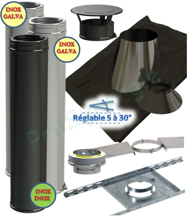 Kit CréaBase Noir - Conduit cheminée Isolé (Duoten) hauteur utile 2,95 mètres Int./Ext. = Inox 316 / 304 - Øint/ext 100/150mm - Sortie toiture Inox laqué noir (RAL9005)