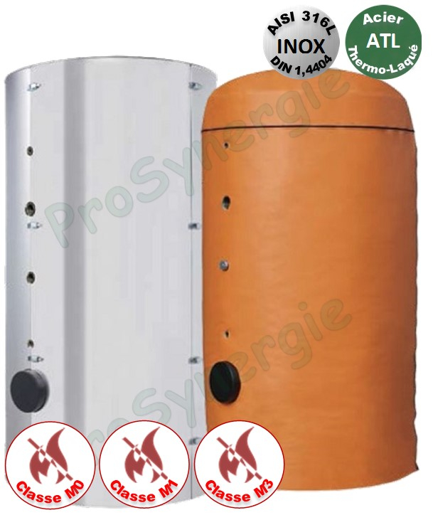 Ballon Hélio Tampon ECS 1500 Litres Vertical sur pieds ATL T<85°C -1 Bride DN 100 Isolant Classe M0 ép.100mm - HxØ=2310x1200mm