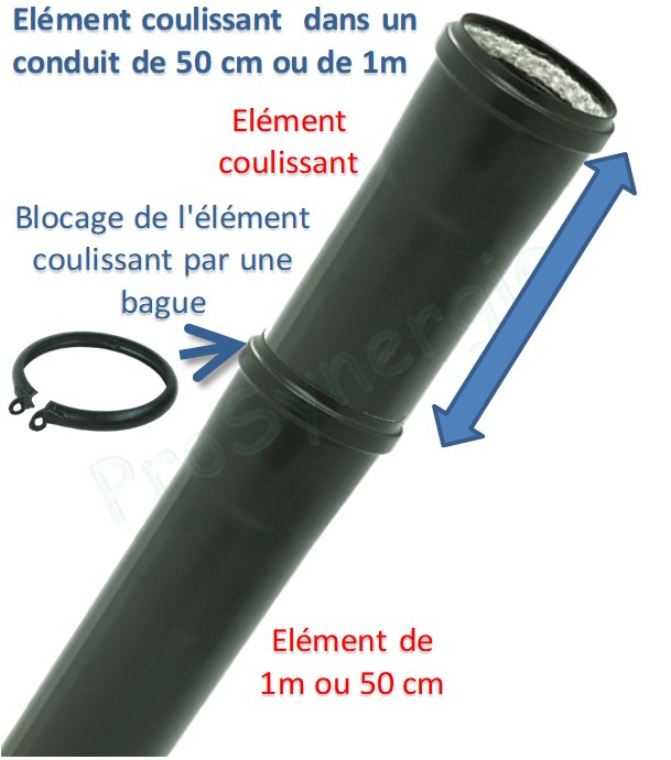 Tuyau de poêle coulissant (dans autre tuyau +bague blocage & joint viton) acier 0,7mm émaillé noir mat Ø 100mm longueur 50cm (de 6 à 36cm utile)