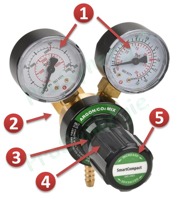 Détendeur débitlitre Frontal SmartCompact Argon CO2 - 200 bars amont - débit 5 à 24 l/min - Entrée arrière type C - Sortie G 1/4'' mâle ou olive pour tuyau Ø 6 mm
