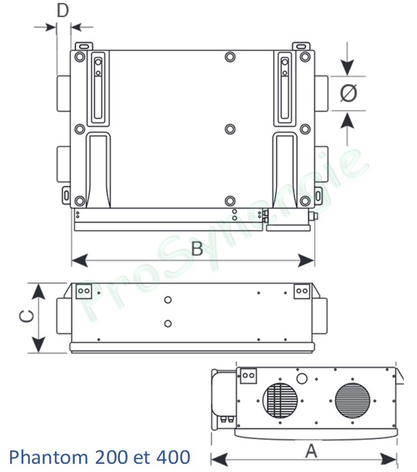 VMC double-flux basse consommation, 150 à 300 m3/h, pour installation en faux-plafond, 4 piquages 125 ou 150 mm