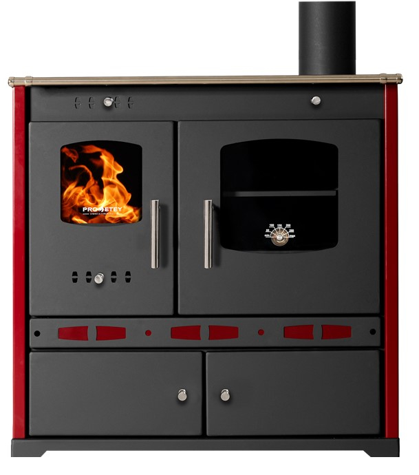 Perfect Eko Lux - Cuisinière à bois, ecodesign, classe A+, puissance nominale 7,4 kW, Min/Max 6/10 kW, Rendement 83,63%, LxPxH = 850x500x780, plaque de cuisson acier, jaquette Bordeaux, Ø conduit de fumées 130 mm