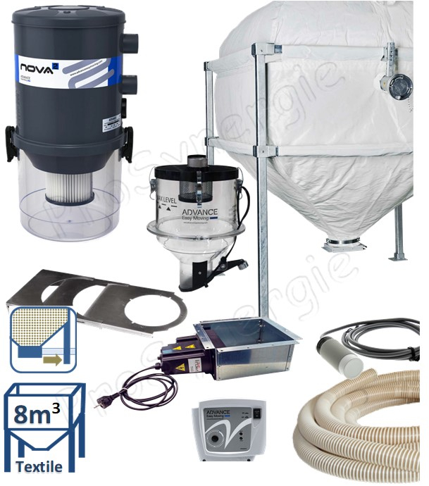 Kit automatique transfert de granulés à partir du bas d´un silo de stockage textile (6,1 à 8,5m³) avec une cassette à débourrage + registre, vers le remplissage d´un poêle/chaudière avec un doseur et aspirateur filtrant