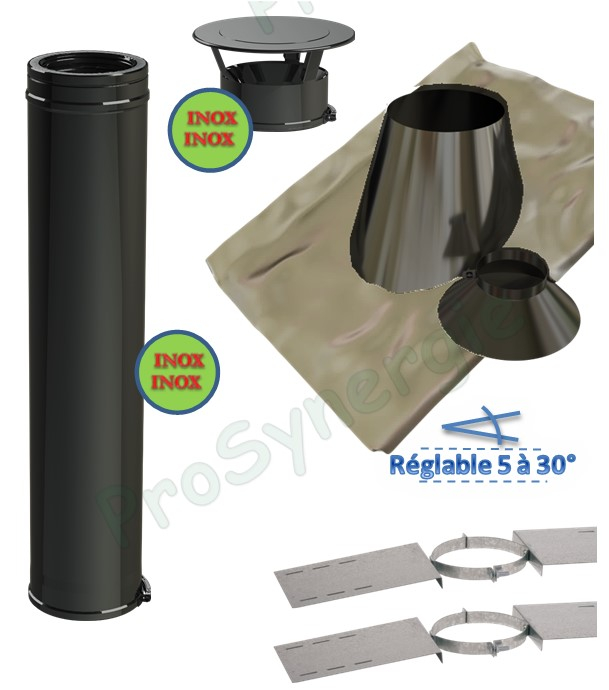 Kit S/Rampant - Conduit cheminée Isolé (Duoten) hauteur 1,5 mètres (Option laqué noir RAL9005) Ø 80 à 250mm